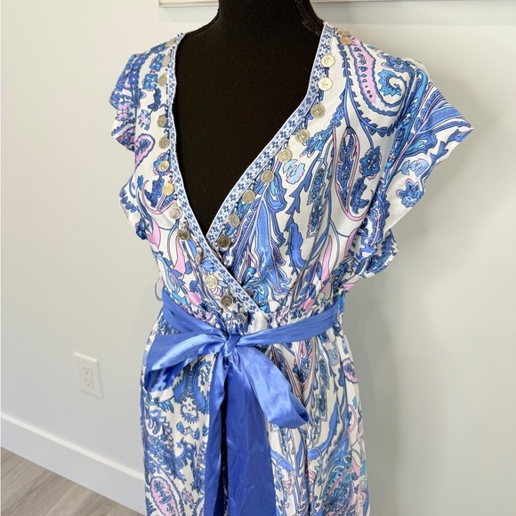 Anany Maxi V-Neck Coin on Collar Belted Short Sleeve with Slit Dress (S) - Picture 3 of 10